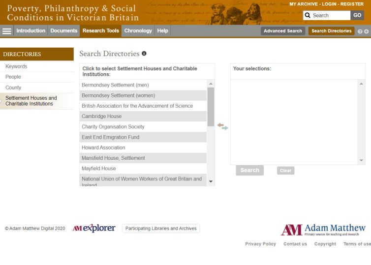 Search directories page showing list of Settlement Houses, with other directories listed